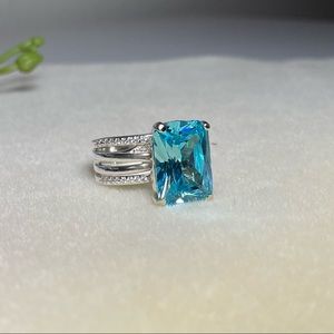 SOLD ~16K Blue Topaz ring with 2 (CZ stones) bands soldered together, White Gold
